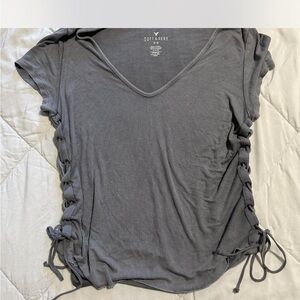 American Eagle Outfitters Charcoal Lace-Up Tee